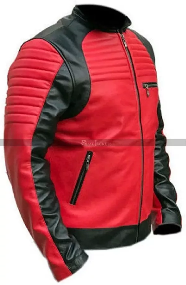 Cafe Racer Red Retro Black Quilted Biker Leather Jacket