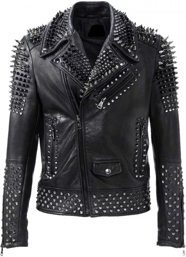 Men's Silver Spikes Studded Brando Leather Jacket
