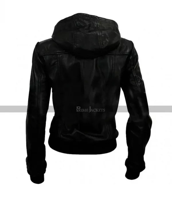 Women Slim fit Hooded Black Leather Bomber Jacket