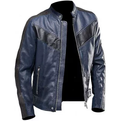 Men Retro Biker Vintage Blue Motorcycle Black Stripes Leather Jacket