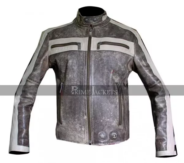 Designer Grey Cafe Racer Motorcycle Distressed Leather Jacket