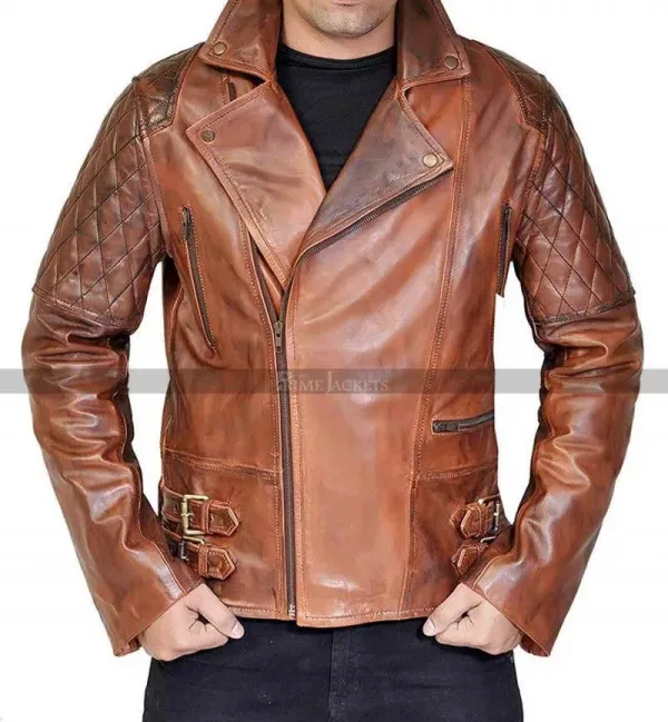 Mens Brown Distressed Leather Marlon Brando Biker Motorcycle Jacket