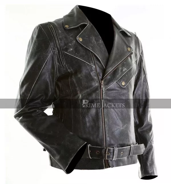 Men Slim Fit Distressed Black Biker Leather Jacket